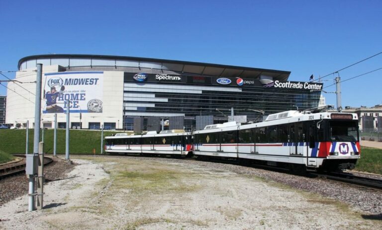Midwest stadium with train
